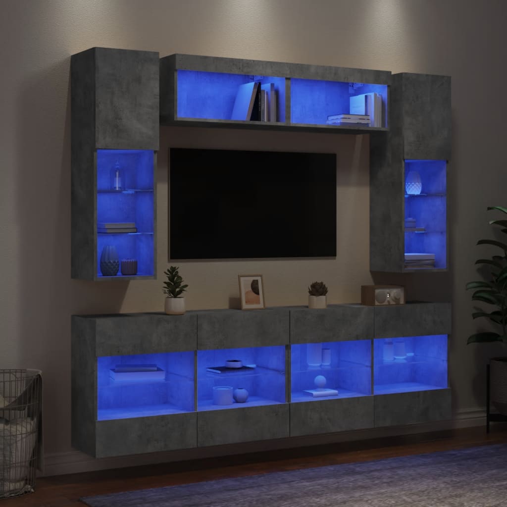 vidaXL 6-tlg. TV-Wohnwand mit LED-Leuchten Betongrau