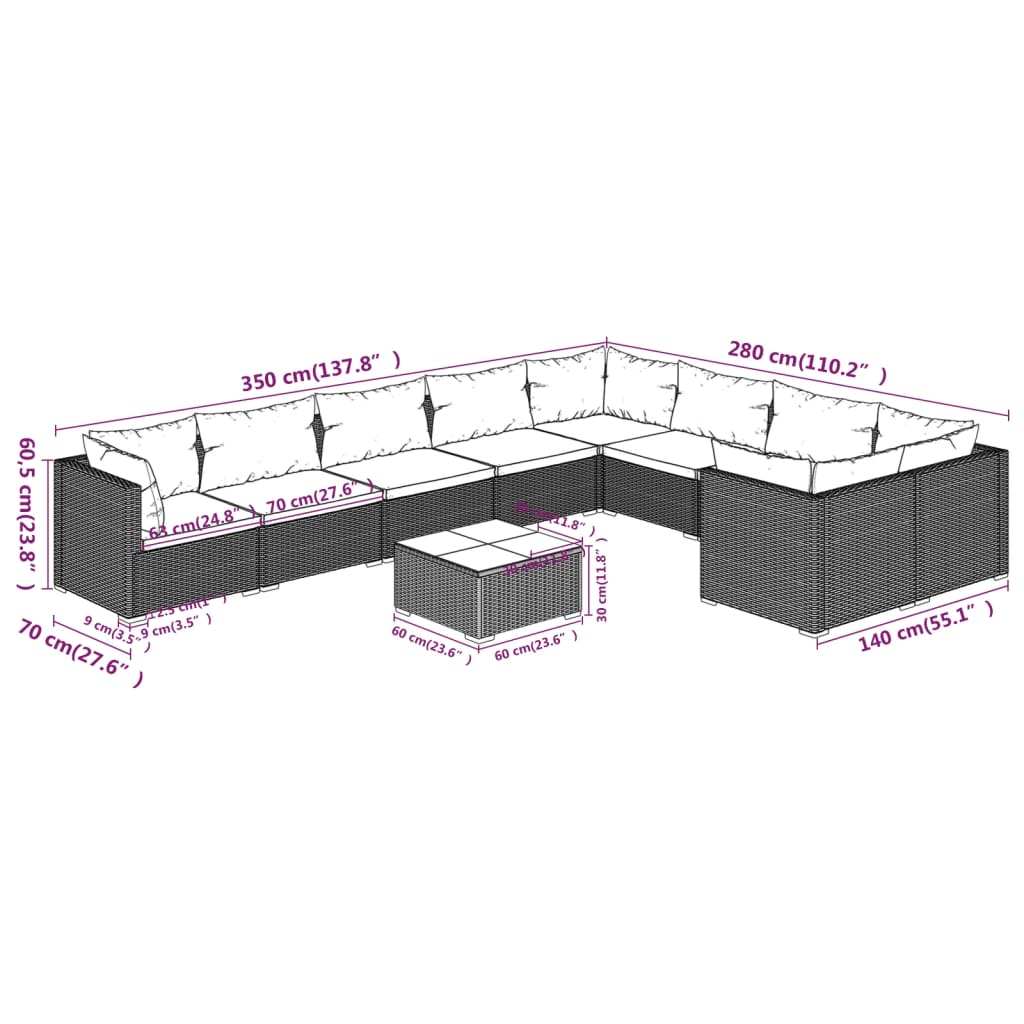 vidaXL 10-tlg. Garten-Lounge-Set mit Kissen Poly Rattan Grau