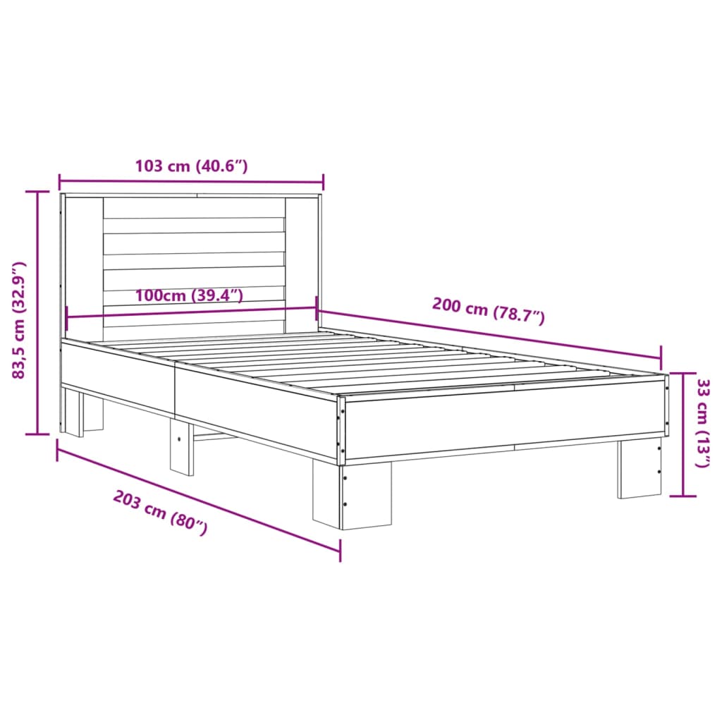 vidaXL Bettgestell Räuchereiche 100x200 cm Holzwerkstoff und Metall