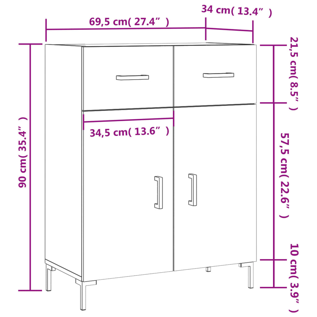 vidaXL Sideboard Hochglanz-Weiß 69,5x34x90 cm Holzwerkstoff