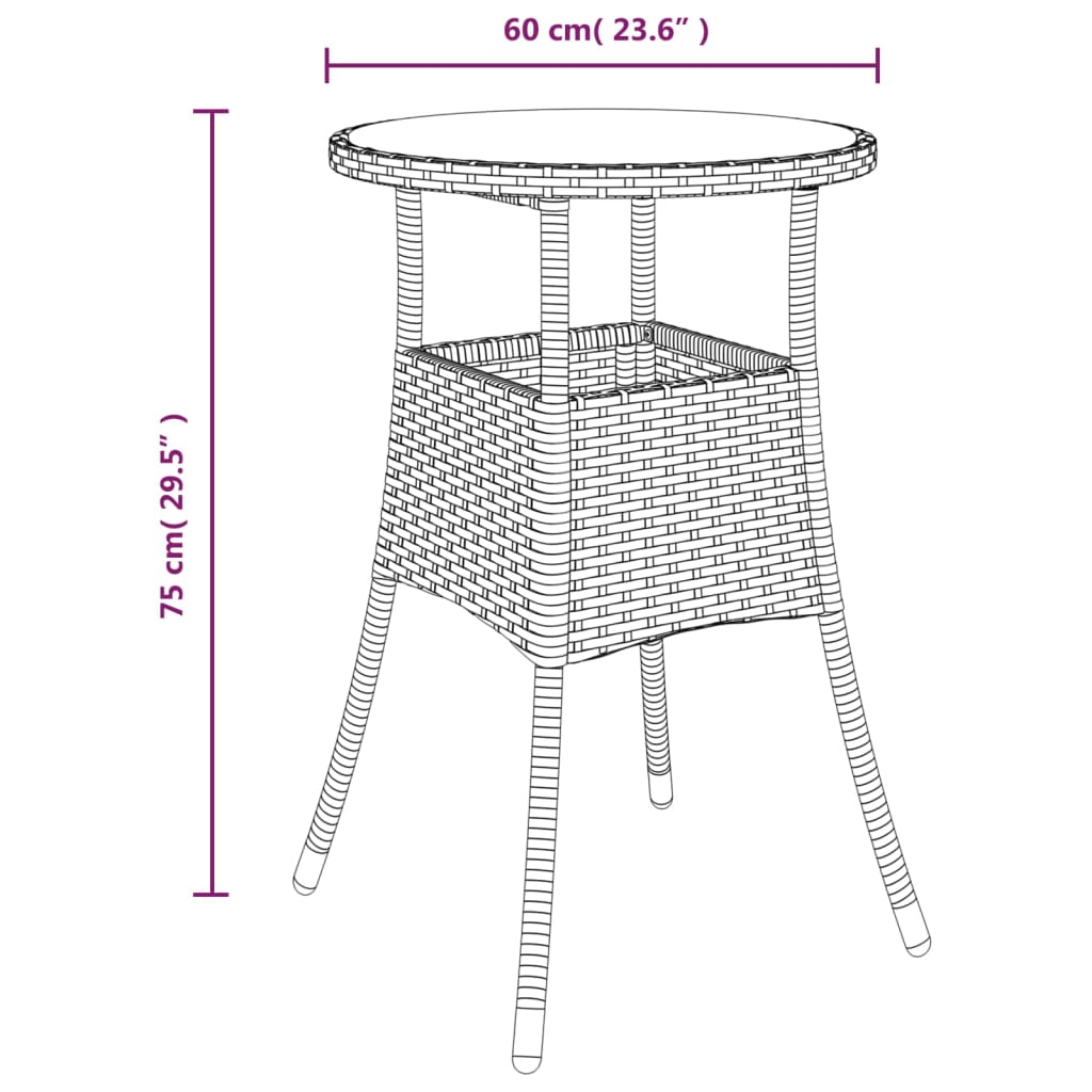 vidaXL Gartentisch Ø60x75 cm Hartglas und Poly Rattan Schwarz