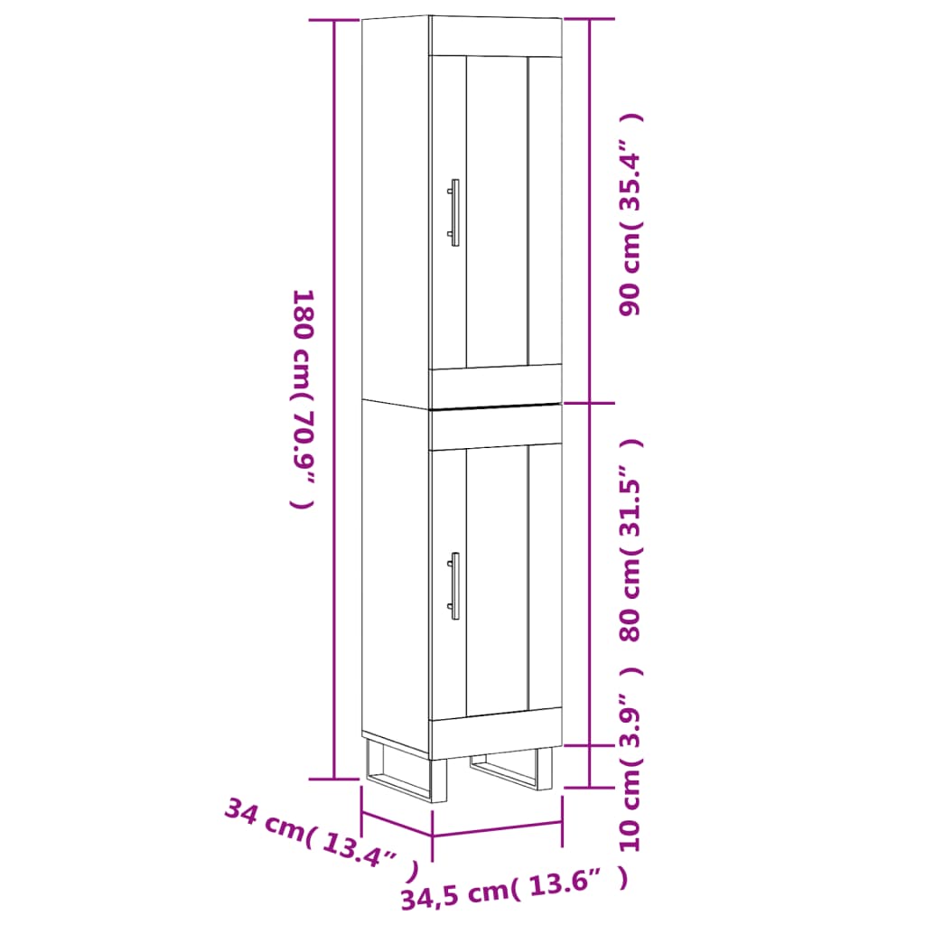 vidaXL Highboard Hochglanz-Weiß 34,5x34x180 cm Holzwerkstoff