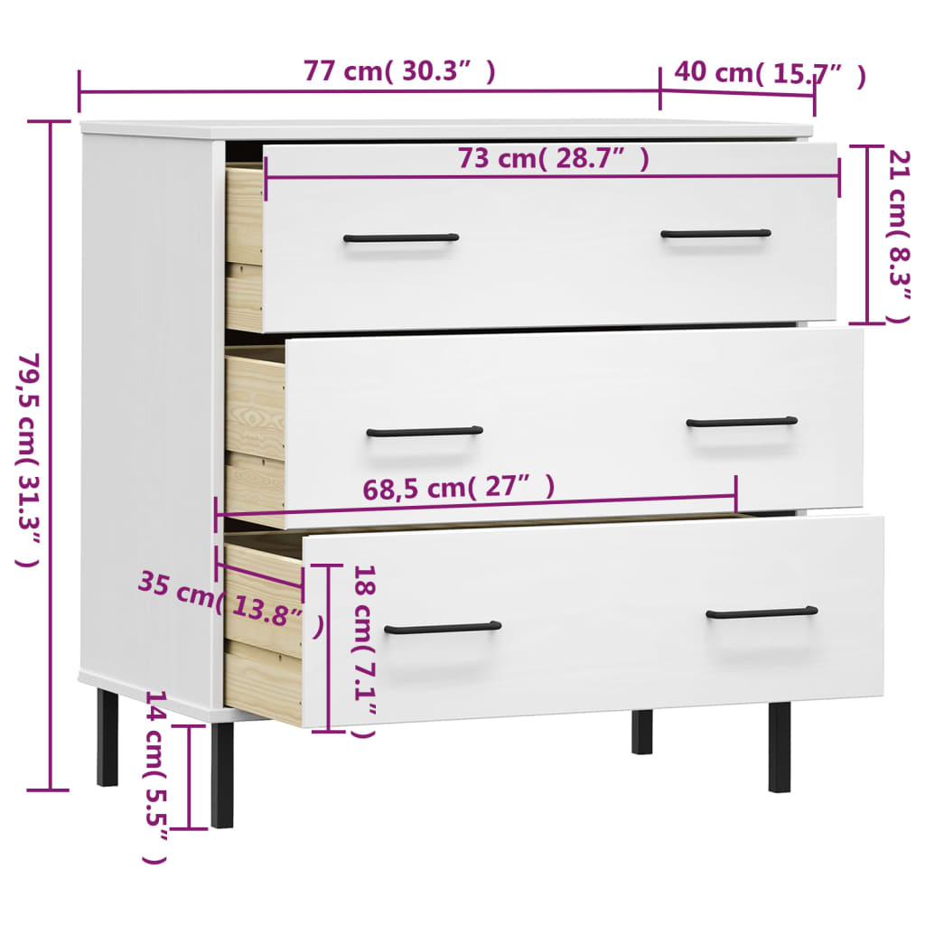 vidaXL Sideboard OSLO mit 3 Schubladen Weiß 77x40x79,5 cm Massivholz