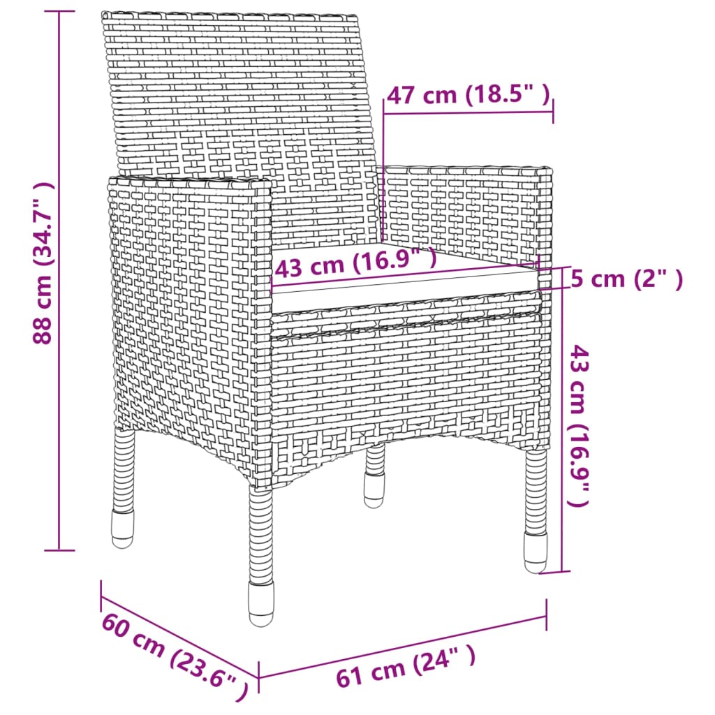 vidaXL 3-tlg. Garten-Essgruppe mit Auflagen Poly Rattan und Glas