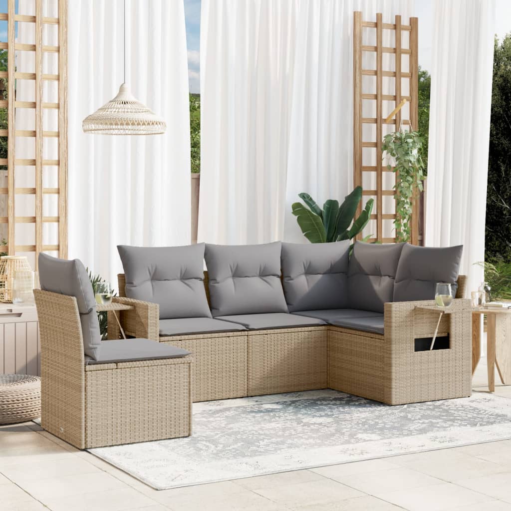 vidaXL 5-tlg. Garten-Sofagarnitur mit Kissen Beige Poly Rattan