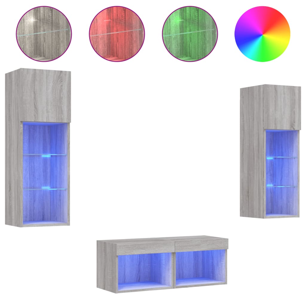 vidaXL 4-tlg. TV-Wohnwand mit LED-Leuchten Grau Sonoma