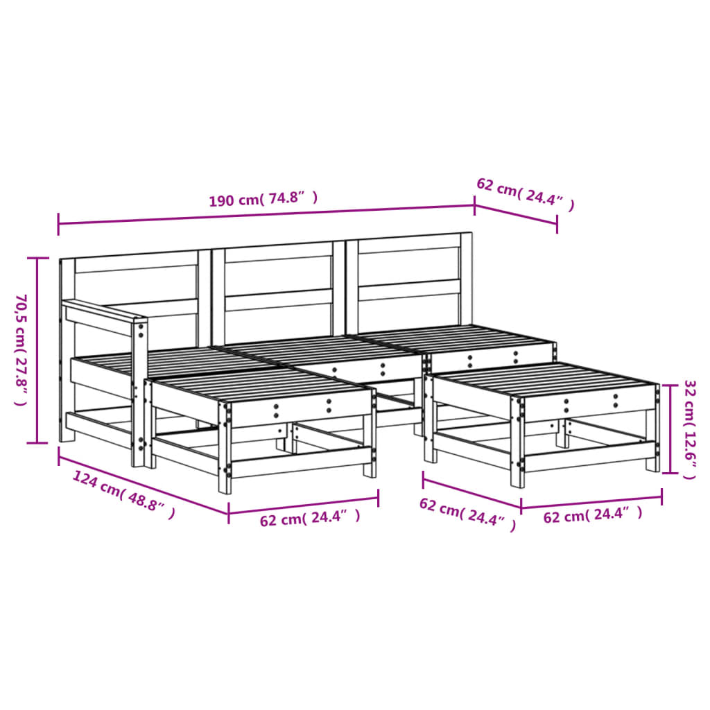 vidaXL 5-tlg. Garten-Lounge-Set Schwarz Massivholz Kiefer