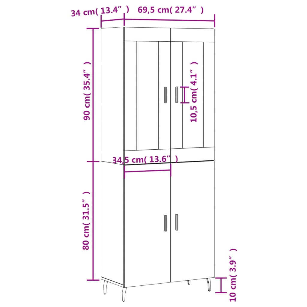 vidaXL Highboard Schwarz 69,5x34x180 cm Holzwerkstoff