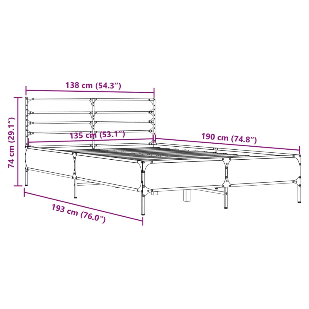 vidaXL Bettgestell Sonoma-Eiche 135x190 cm Holzwerkstoff und Metall