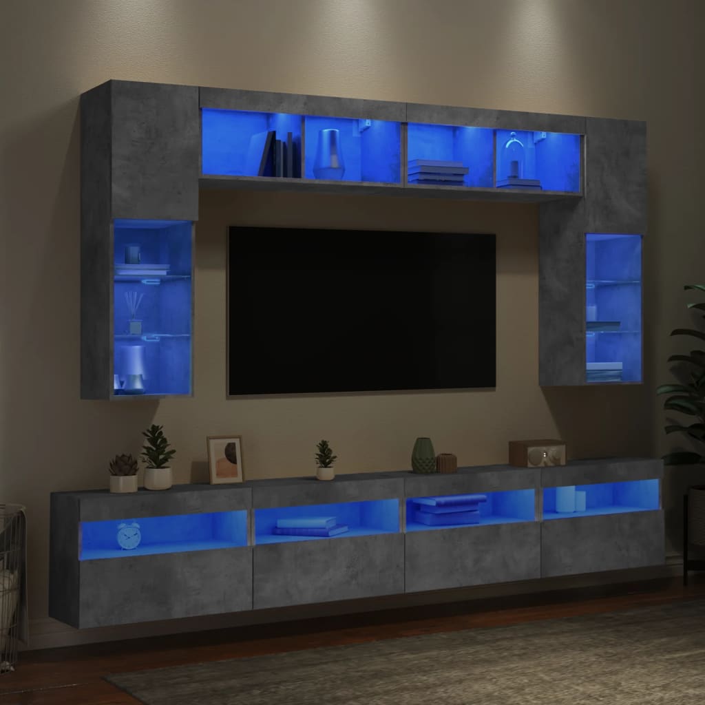vidaXL 8-tlg. TV-Wohnwand mit LED-Leuchten Betongrau