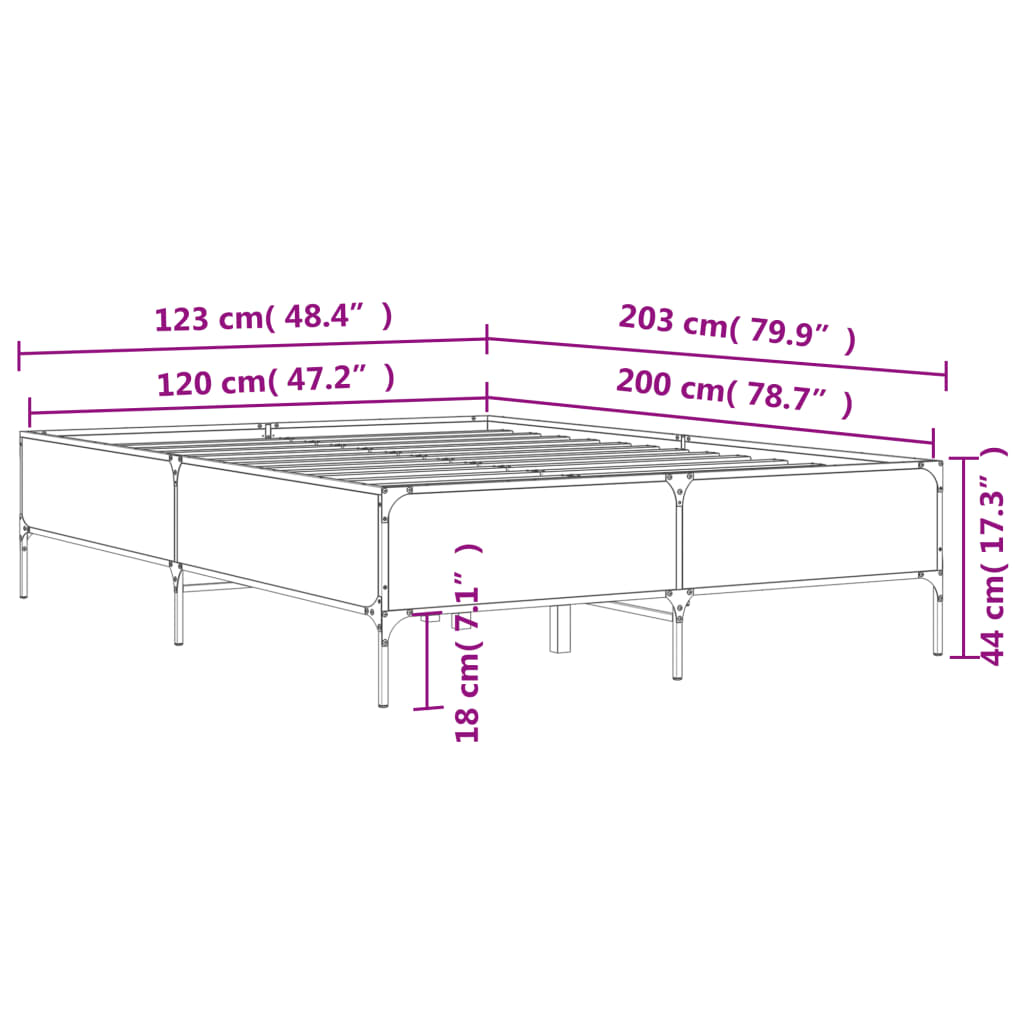 vidaXL Bettgestell Grau Sonoma 120x200 cm Holzwerkstoff und Metall