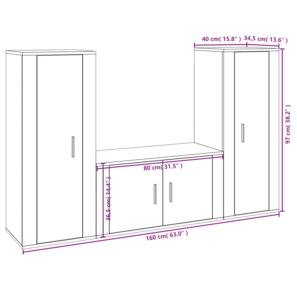 vidaXL 3-tlg. TV-Schrank-Set Weiß Holzwerkstoff