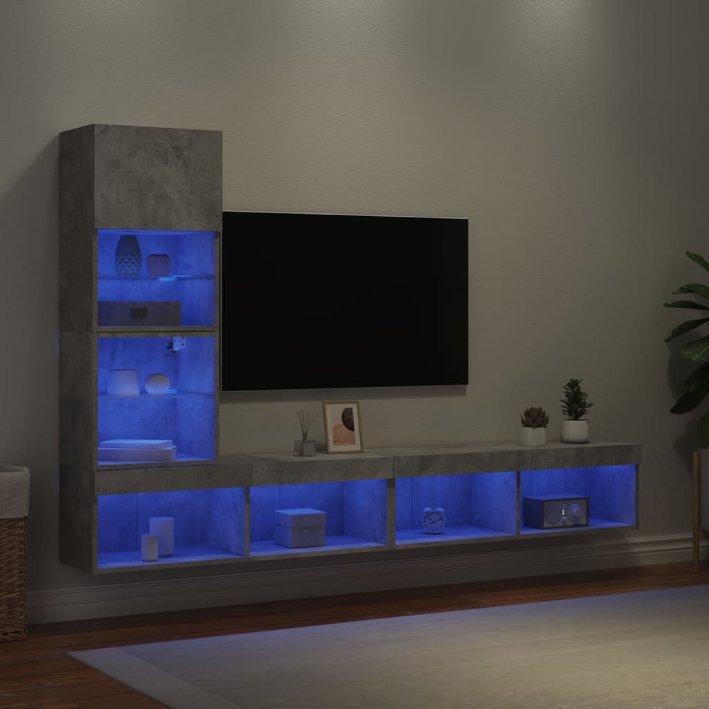 vidaXL 4-tlg. Wohnwand mit LED-Beleuchtung Betongrau Holzwerkstoff