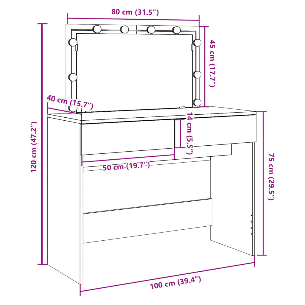 vidaXL Schminktisch mit LED-Beleuchtung Sonoma-Eiche 100x40x120 cm