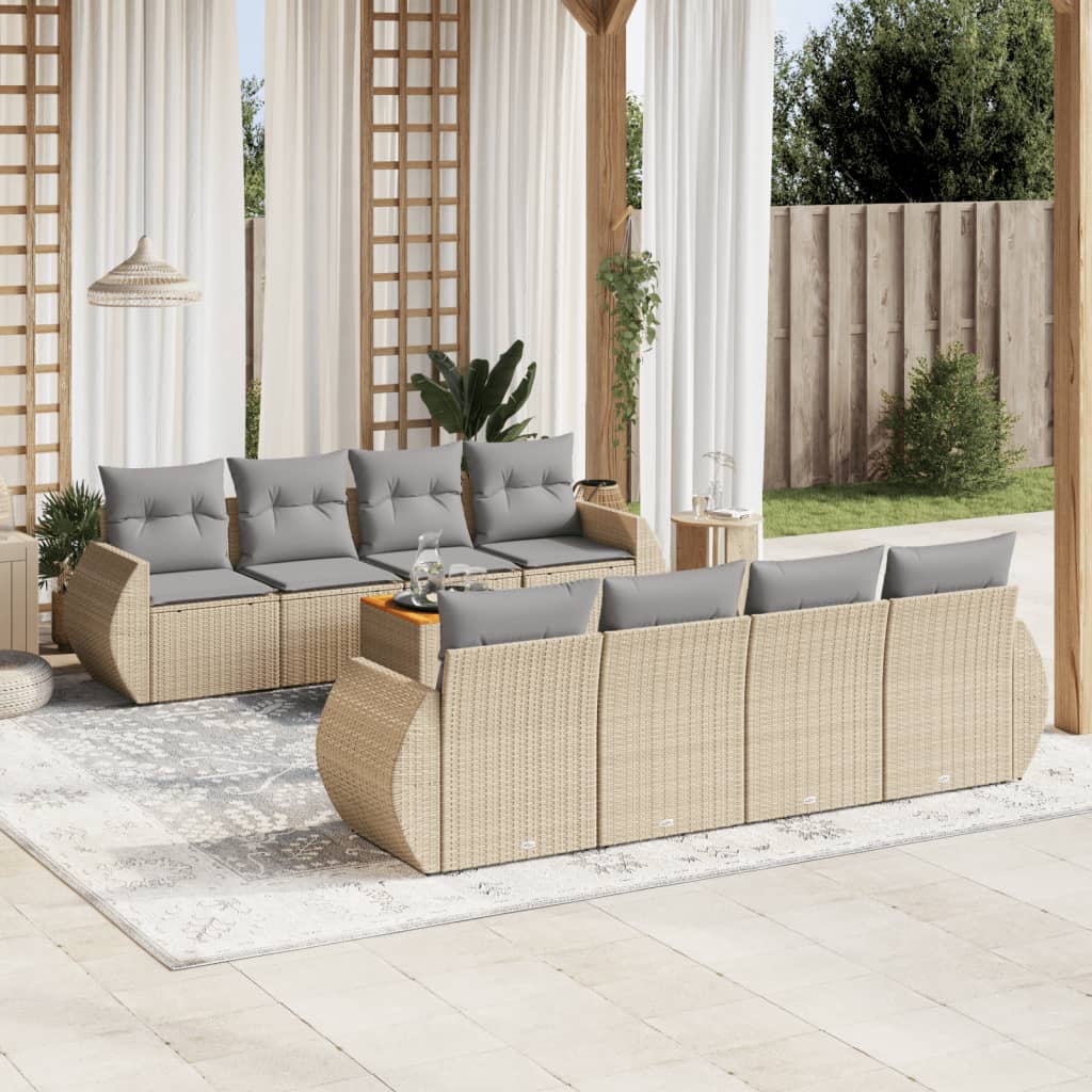 vidaXL 9-tlg. Garten-Sofagarnitur mit Kissen Beige Poly Rattan