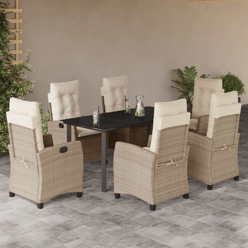 vidaXL 7-tlg. Garten-Essgruppe mit Kissen Beige Poly Rattan