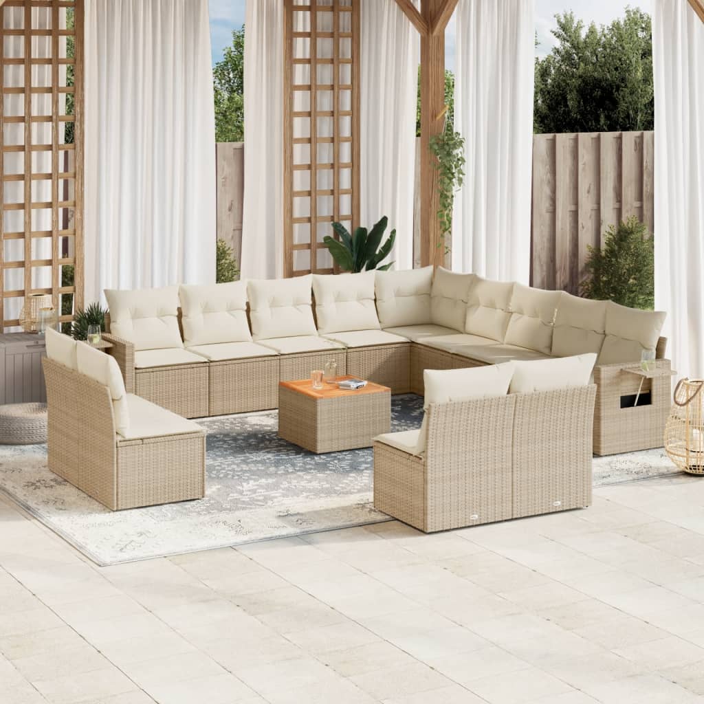 vidaXL 14-tlg. Garten-Sofagarnitur mit Kissen Beige Poly Rattan