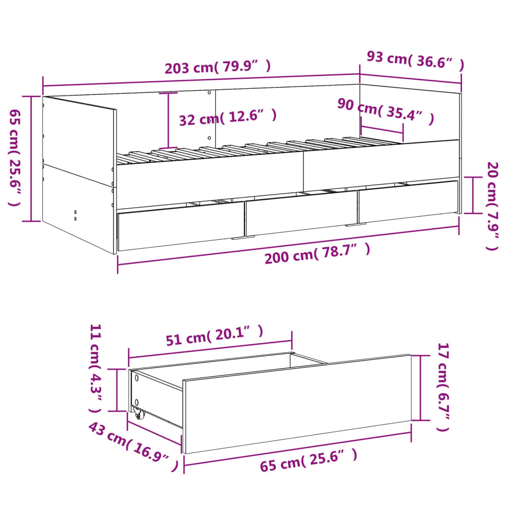 vidaXL Tagesbett mit Schubladen Sonoma-Eiche 90x200 cm Holzwerkstoff
