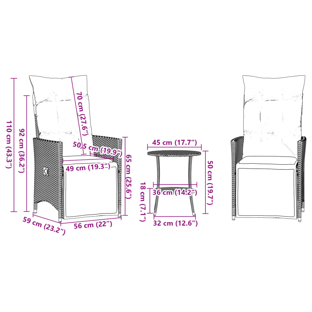 vidaXL 3-tlg. Bistro-Set mit Kissen Braun Poly Rattan