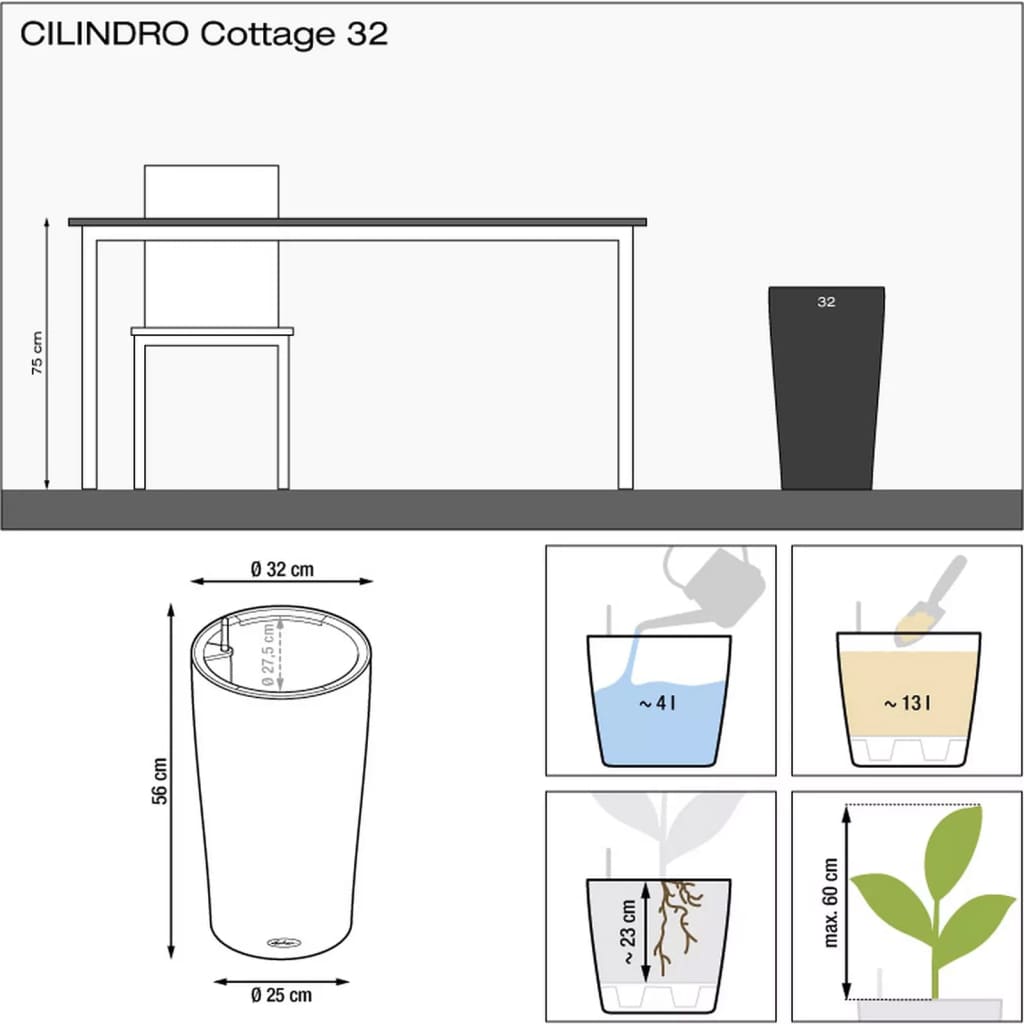 LECHUZA Pflanzgefäß CILINDRO Cottage 32 ALL-IN-ONE Ø 32 cm Sandbraun