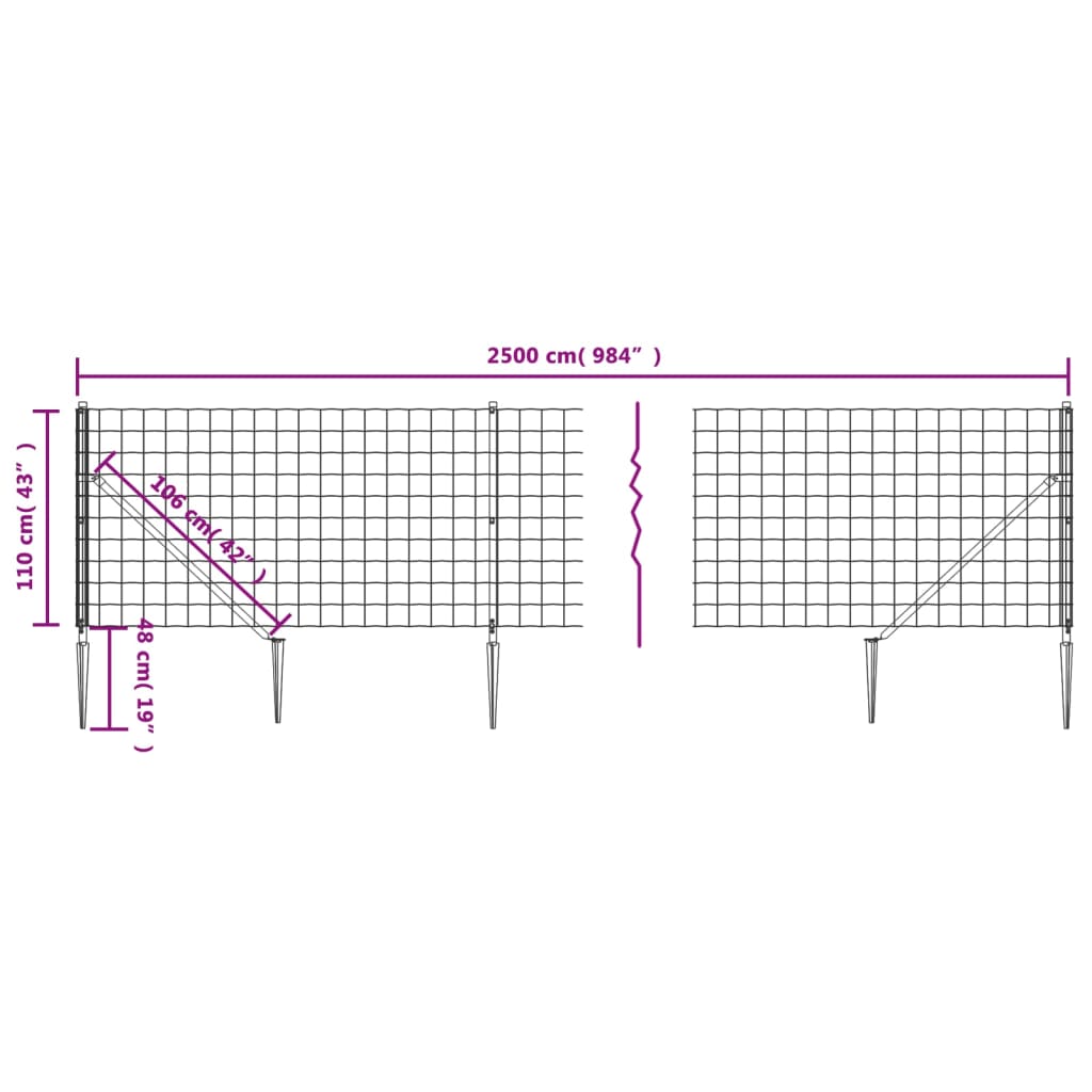 vidaXL Maschendrahtzaun mit Bodenhülsen Anthrazit 1,1x25 m