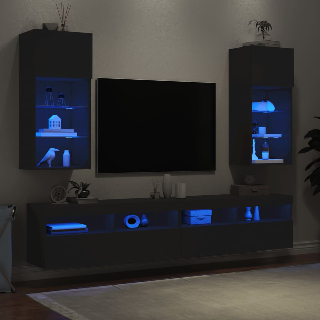 vidaXL TV-Schränke mit LED-Leuchten 2 Stk. Schwarz 40,5x30x90 cm