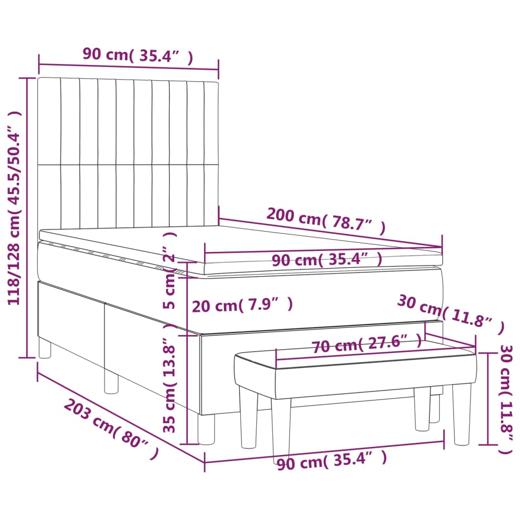 vidaXL Boxspringbett mit Matratze Dunkelgrau 90x200 cm Stoff