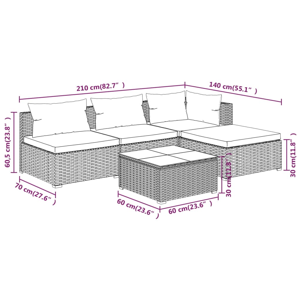 vidaXL 5-tlg. Garten-Lounge-Set mit Kissen Poly Rattan Grau