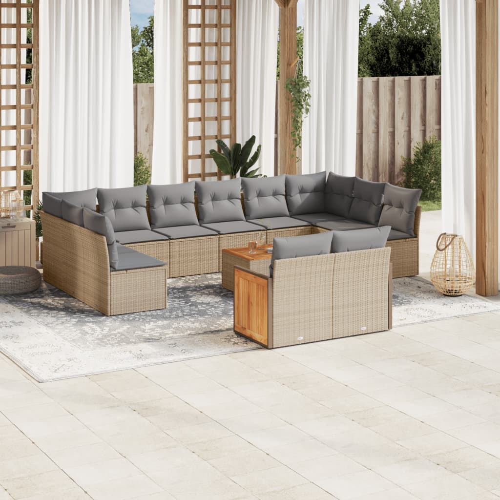 vidaXL 13-tlg. Garten-Sofagarnitur mit Kissen Beige Poly Rattan