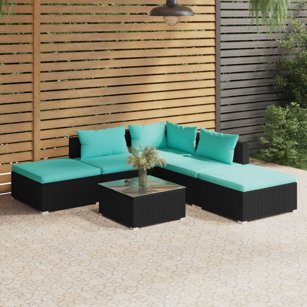 vidaXL 6-tlg. Garten-Lounge-Set mit Kissen Poly Rattan Schwarz