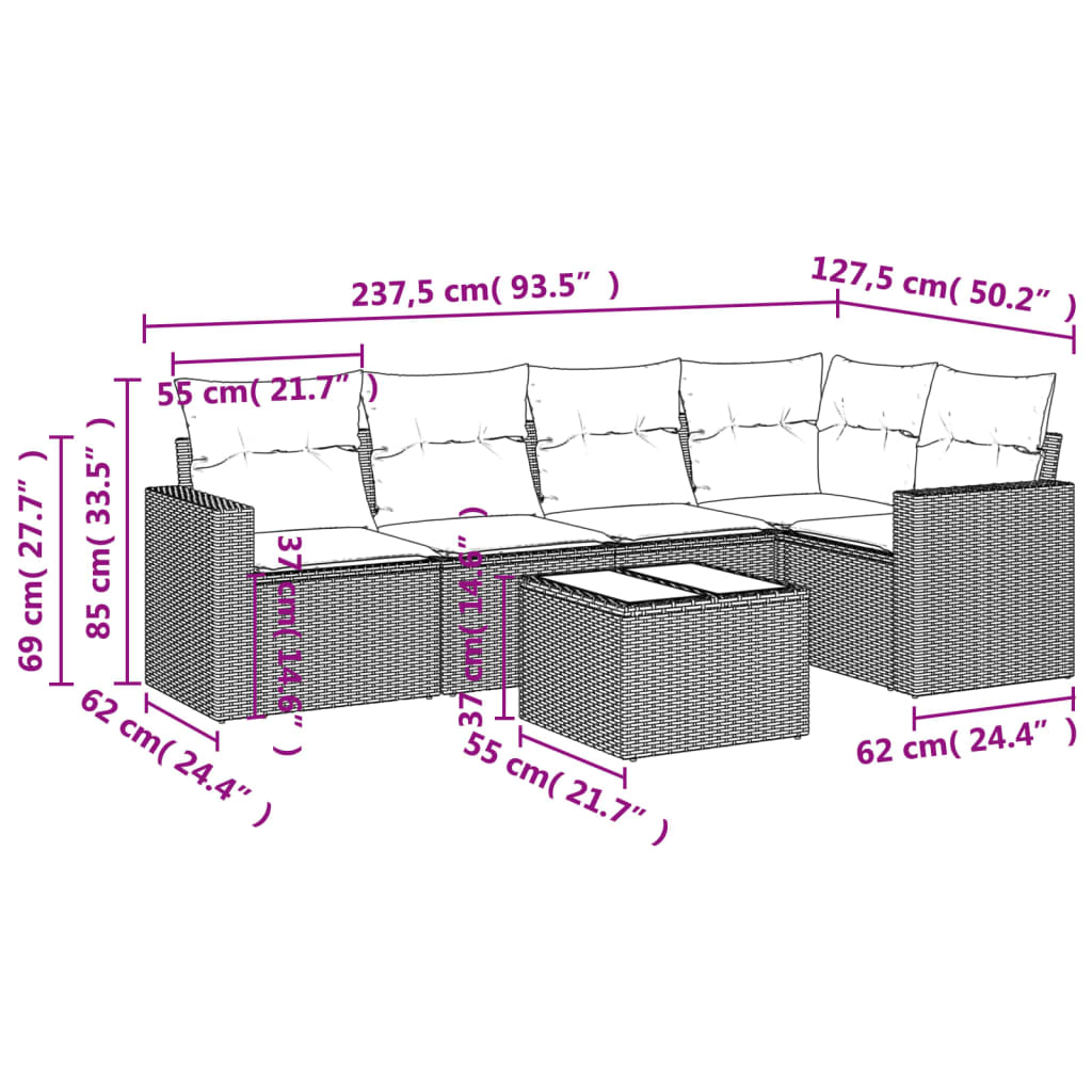 vidaXL 6-tlg. Garten-Sofagarnitur mit Kissen Grau Poly Rattan