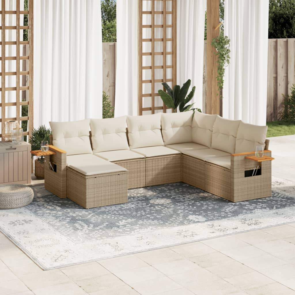 vidaXL 7-tlg. Garten-Sofagarnitur mit Kissen Beige Poly Rattan