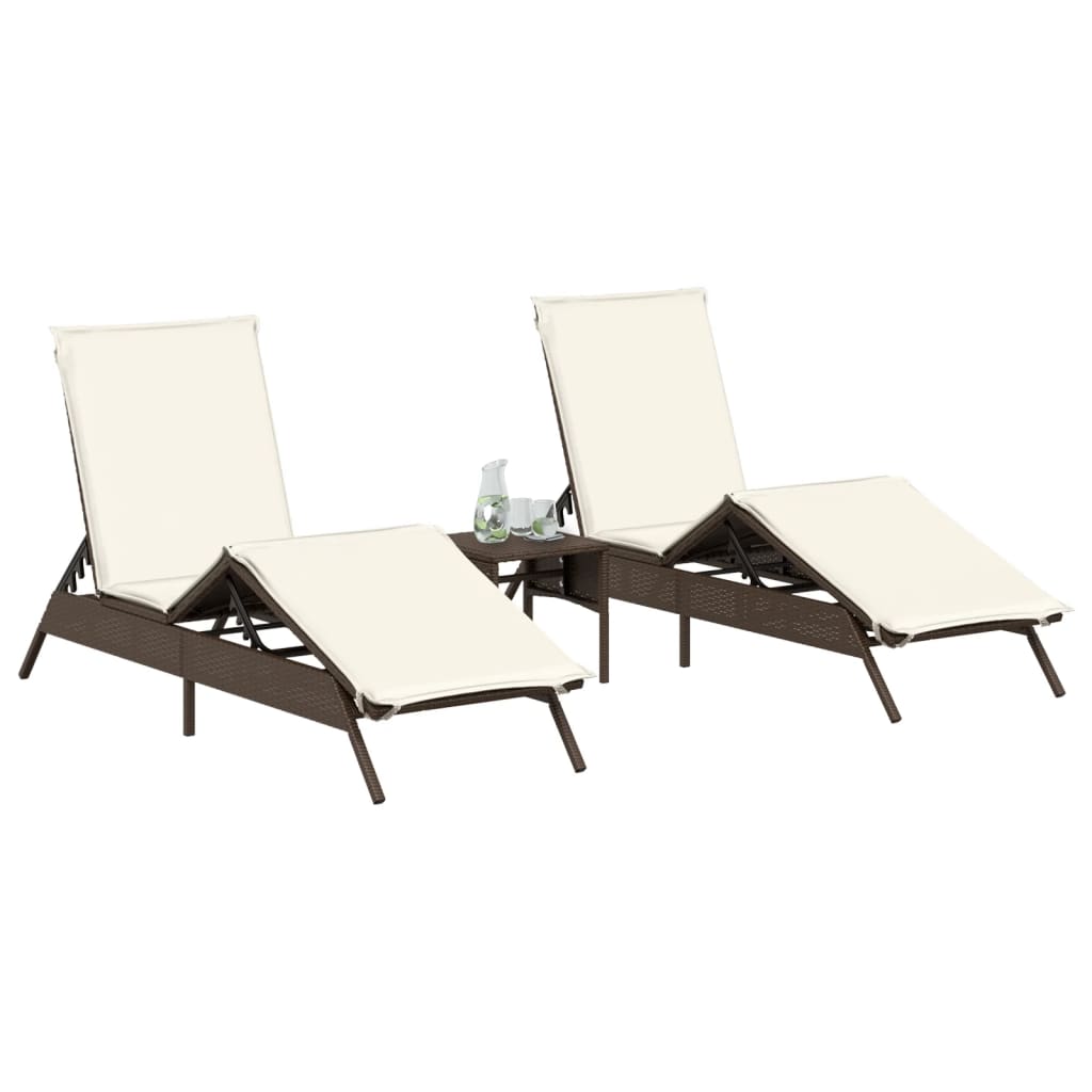 vidaXL Sonnenliegen 2 Stk. mit Tisch Braun Poly Rattan