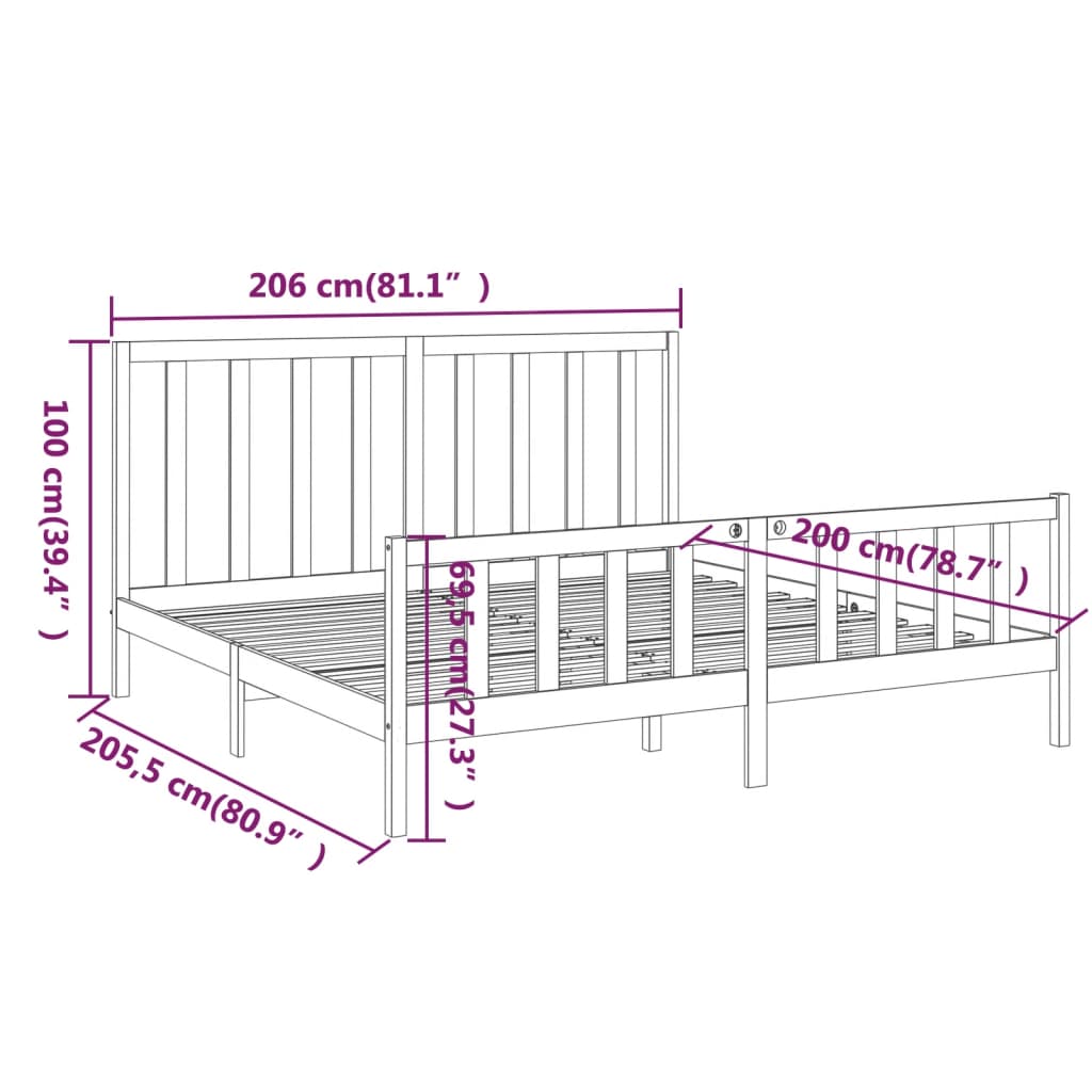 vidaXL Massivholzbett Schwarz Kiefer 200x200 cm