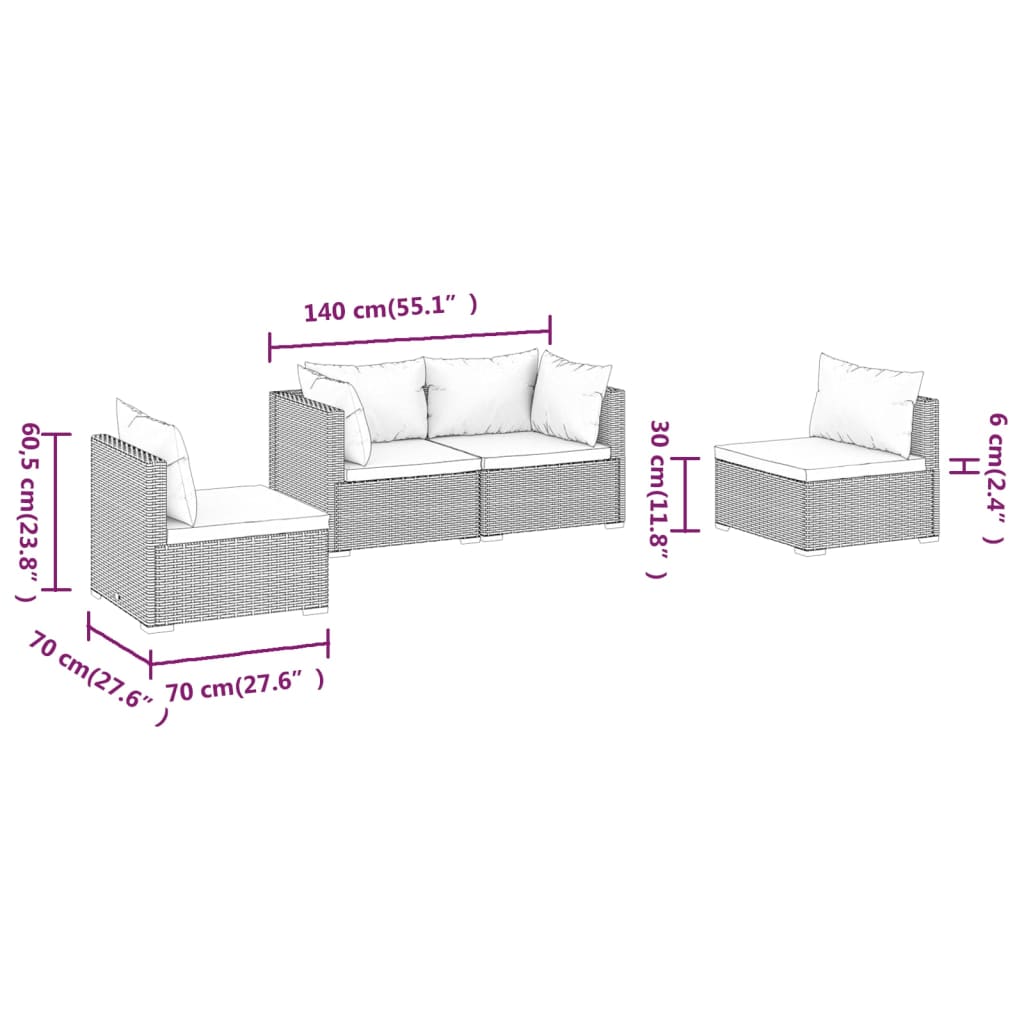 vidaXL 4-tlg. Garten-Lounge-Set mit Auflagen Poly Rattan Braun