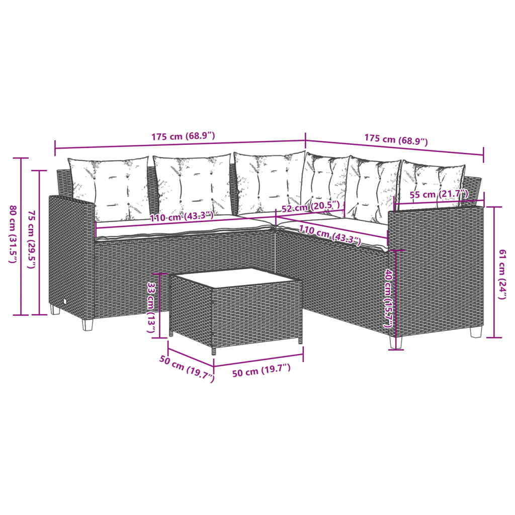 vidaXL Gartensofa in L-Form mit Tisch und Kissen Grau Poly Rattan