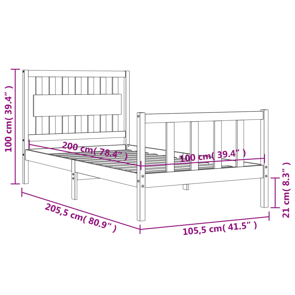 vidaXL Massivholzbett mit Kopfteil 100x200 cm