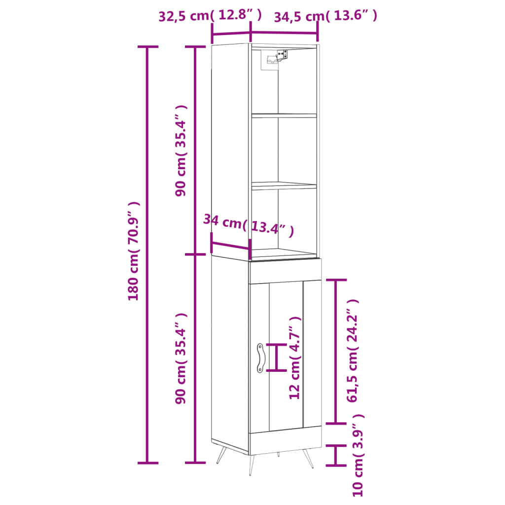 vidaXL Highboard Hochglanz-Weiß 34,5x34x180 cm Holzwerkstoff