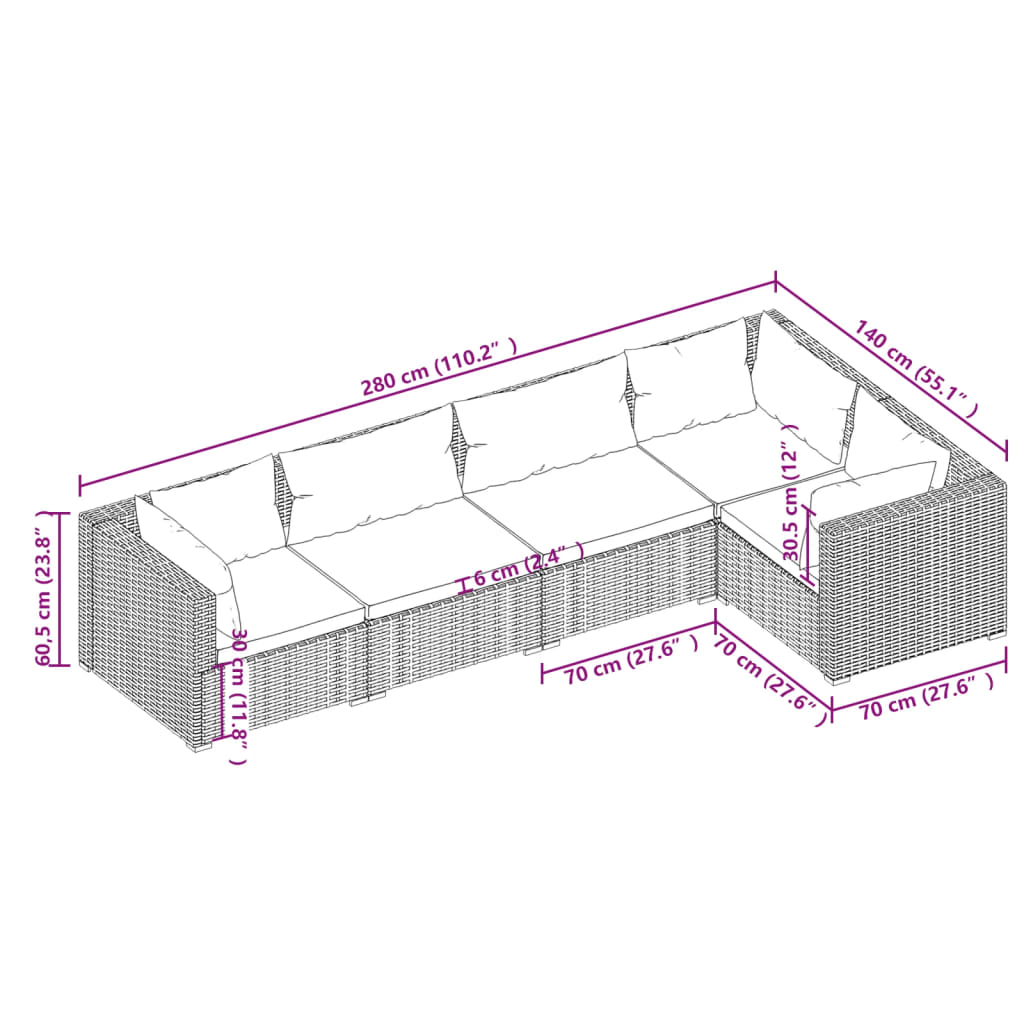 vidaXL 5-tlg. Garten-Lounge-Set mit Kissen Poly Rattan Grau