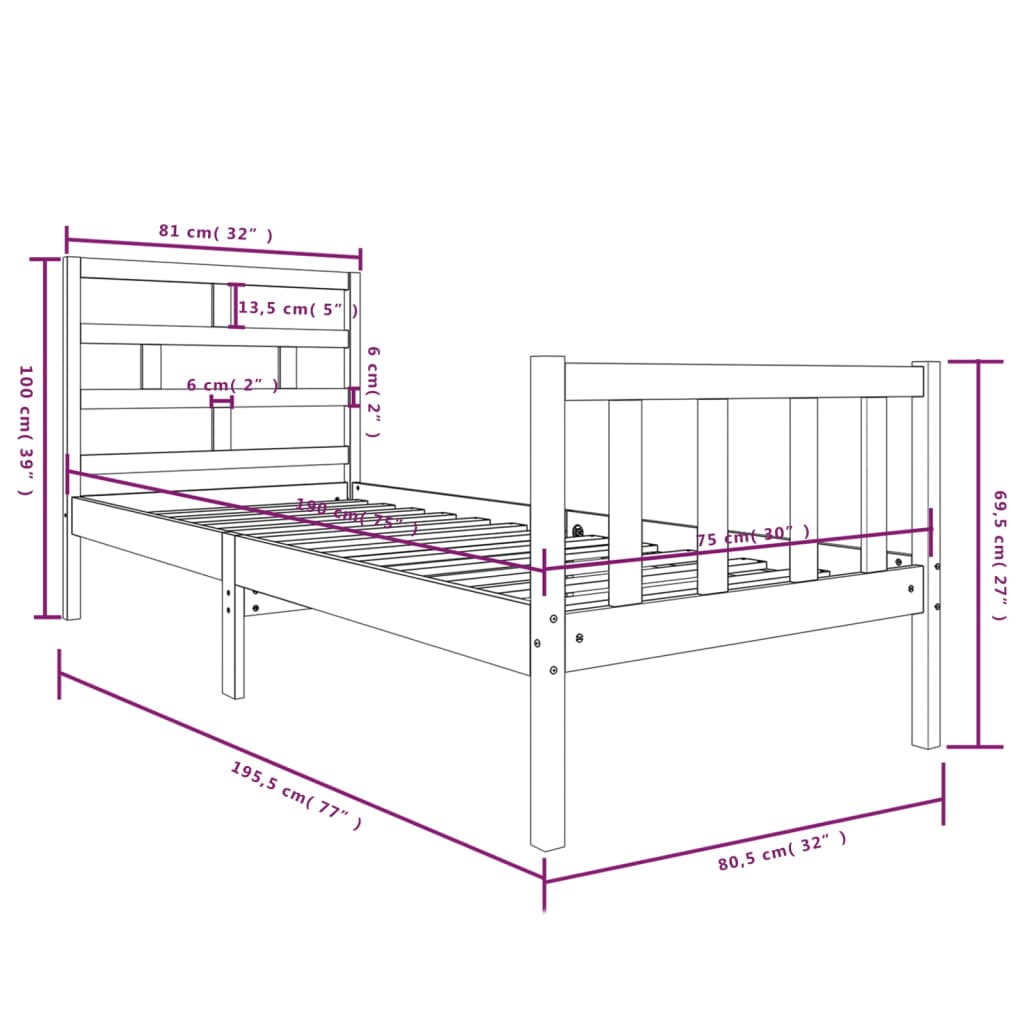 vidaXL Massivholzbett Kiefer 75x190 cm