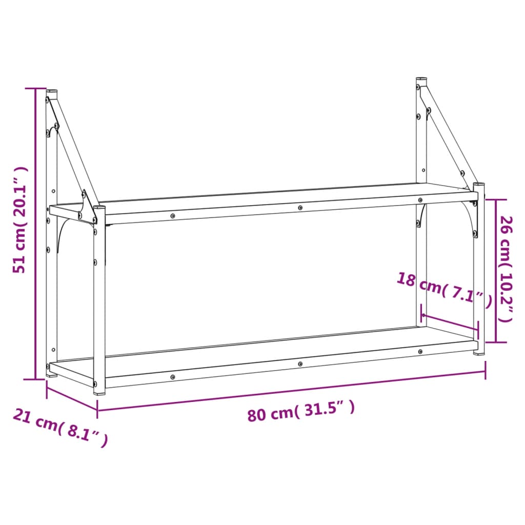 vidaXL Wandregal 2 Fächer Sonoma-Eiche 80x21x51 cm Holzwerkstoff