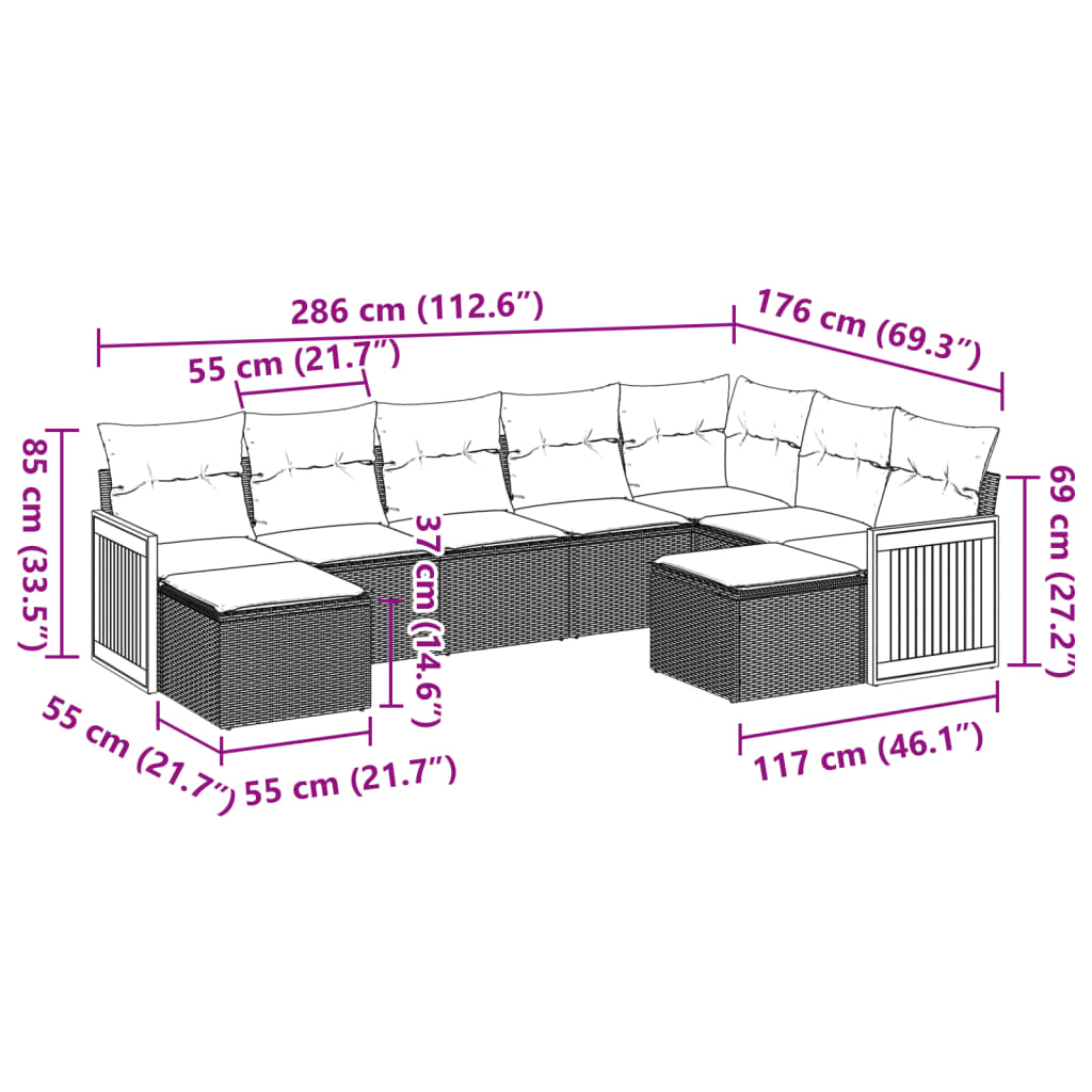 vidaXL 9-tlg. Garten-Sofagarnitur mit Kissen Schwarz Poly Rattan