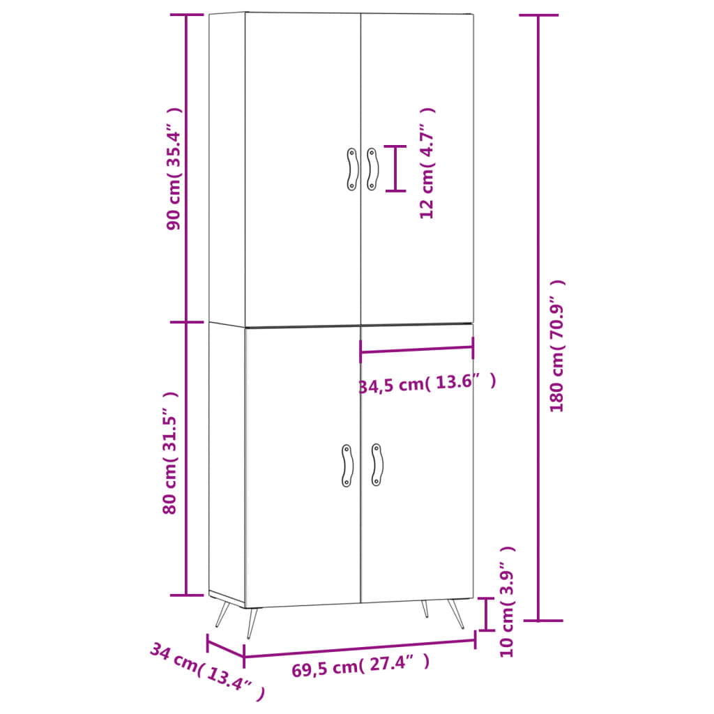 vidaXL Highboard Hochglanz-Weiß 69,5x34x180 cm Holzwerkstoff