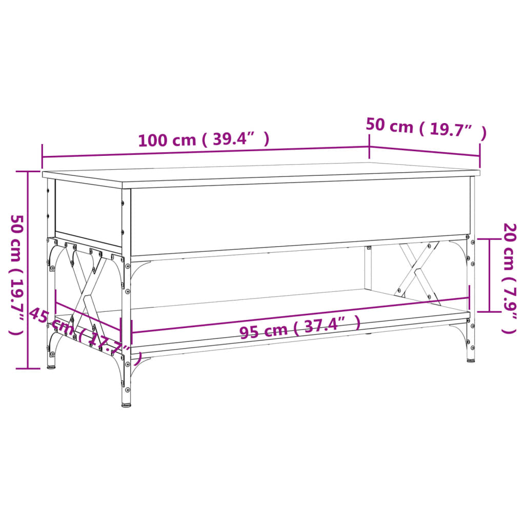 vidaXL Couchtisch Räuchereiche 100x50x50 cm Holzwerkstoff und Metall