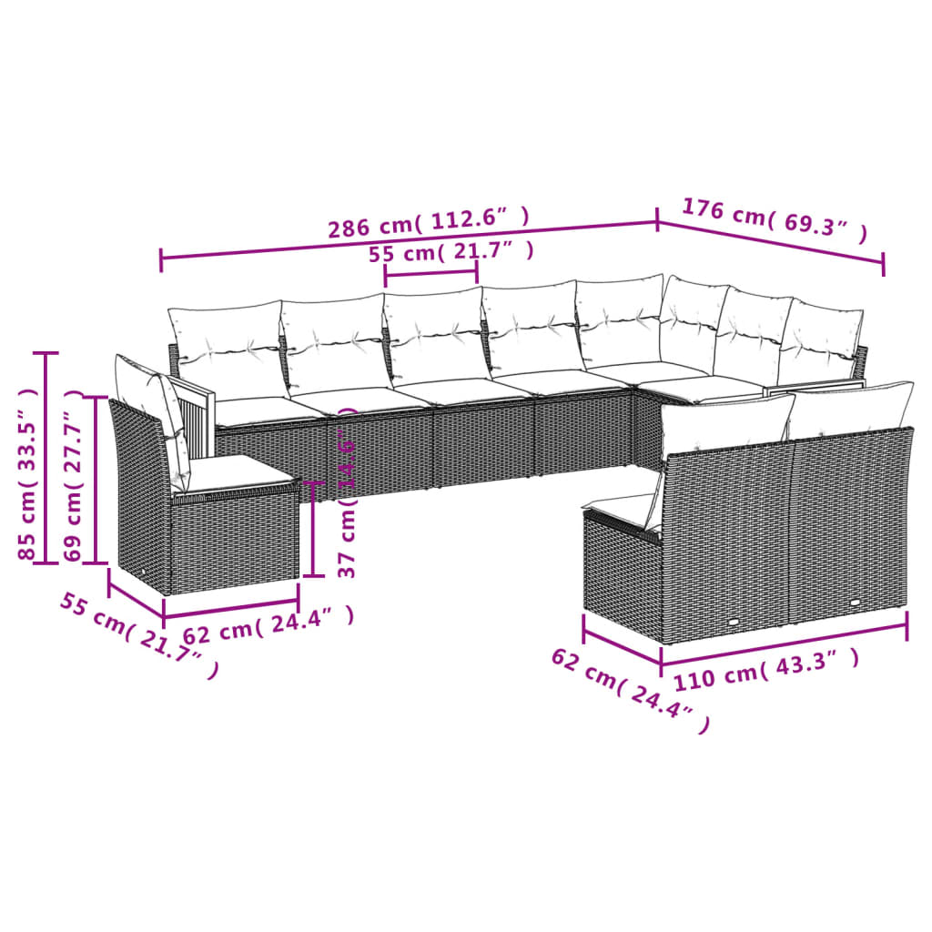 vidaXL 10-tlg. Garten-Sofagarnitur mit Kissen Grau Poly Rattan