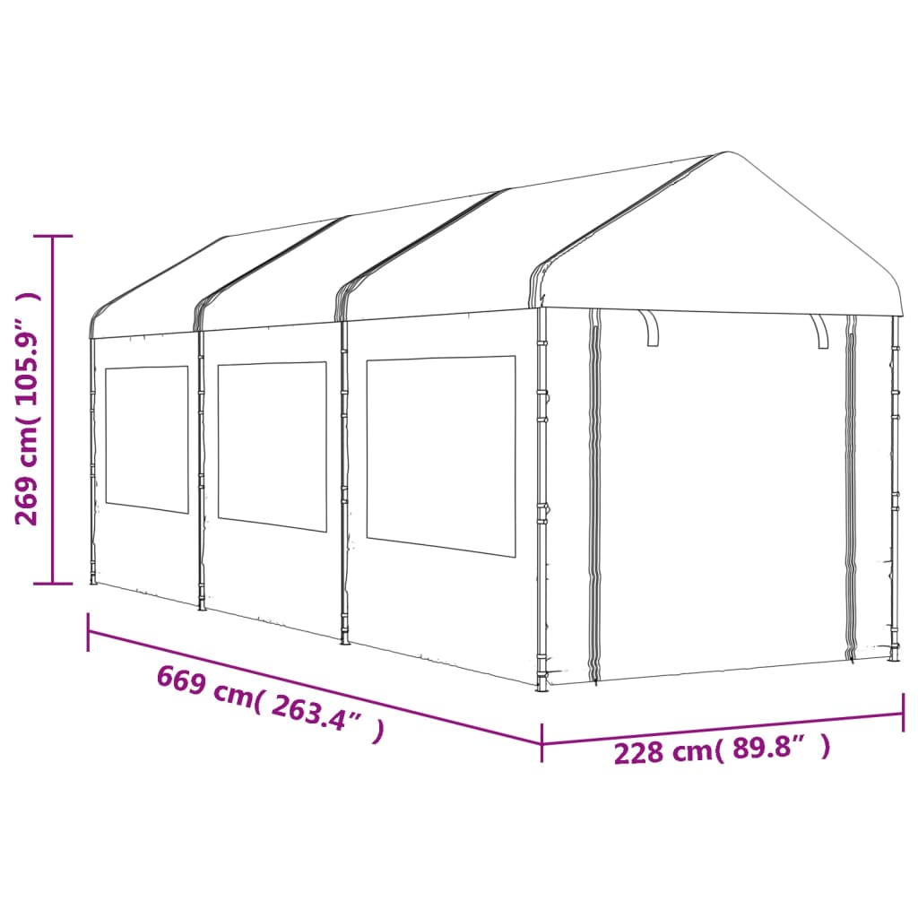 vidaXL Pavillon mit Dach Weiß 6,69x2,28x2,69 m Polyethylen