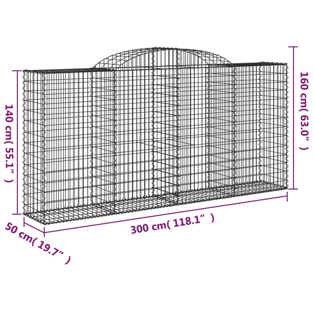 vidaXL Gabionen mit Hochbogen 10 Stk 300x50x140/160cm Verzinktes Eisen