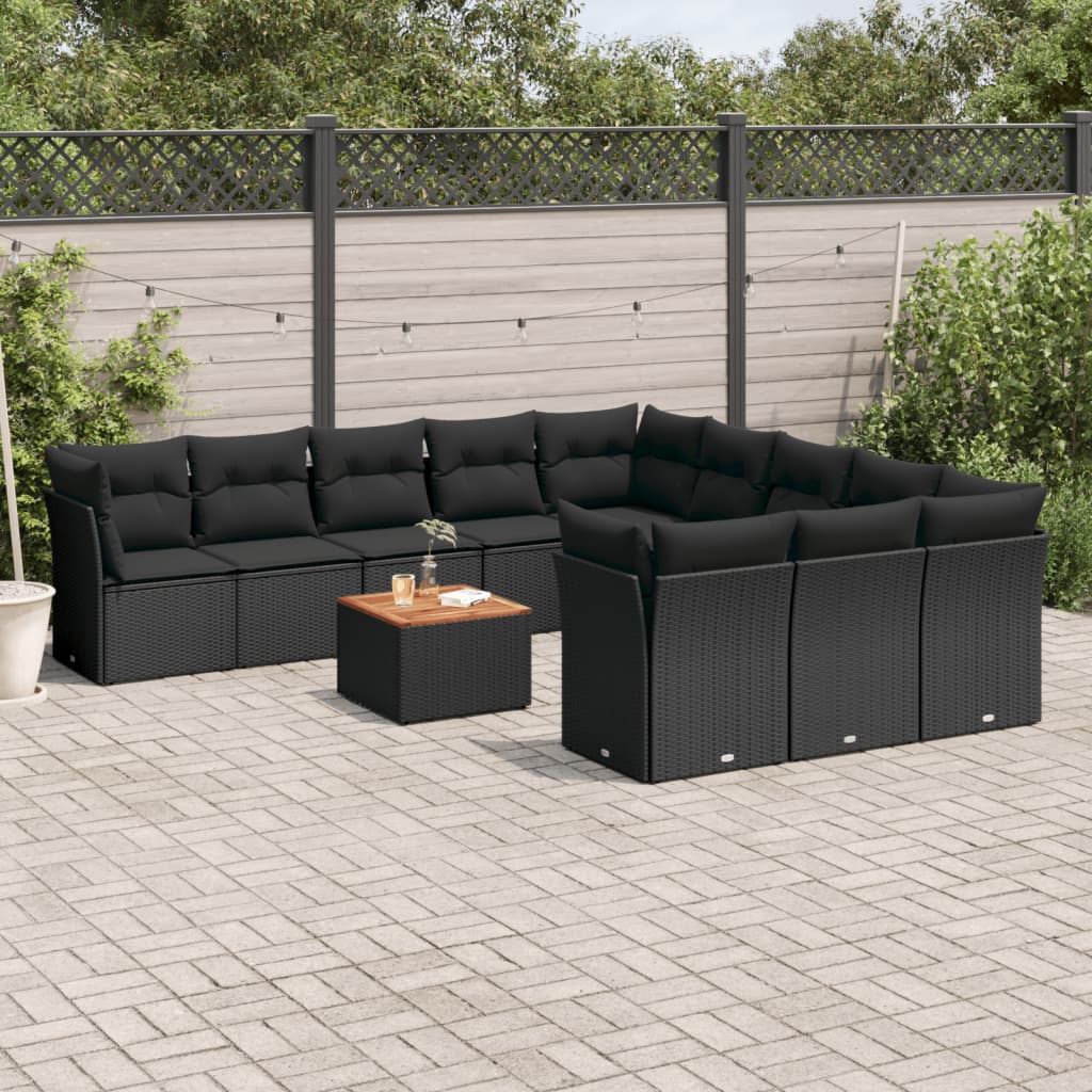 vidaXL 12-tlg. Garten-Sofagarnitur mit Kissen Schwarz Poly Rattan