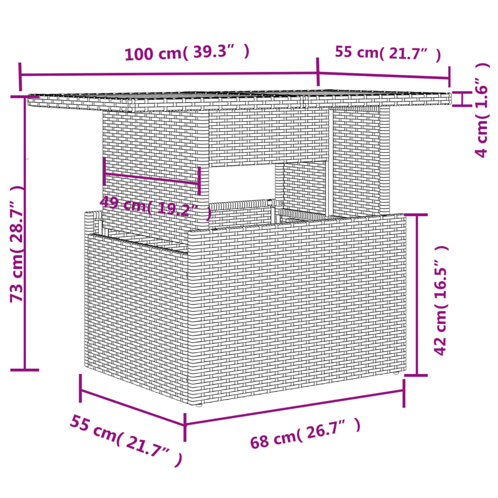 vidaXL Gartentisch mit Glasplatte Grau 100x55x73 cm Poly Rattan