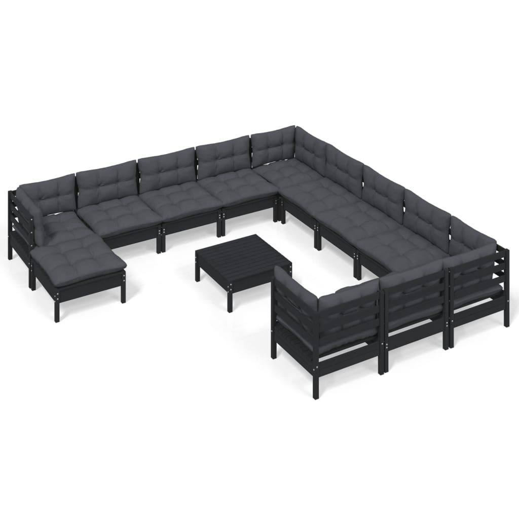 vidaXL 13-tlg. Garten-Lounge-Set mit Kissen Schwarz Kiefernholz